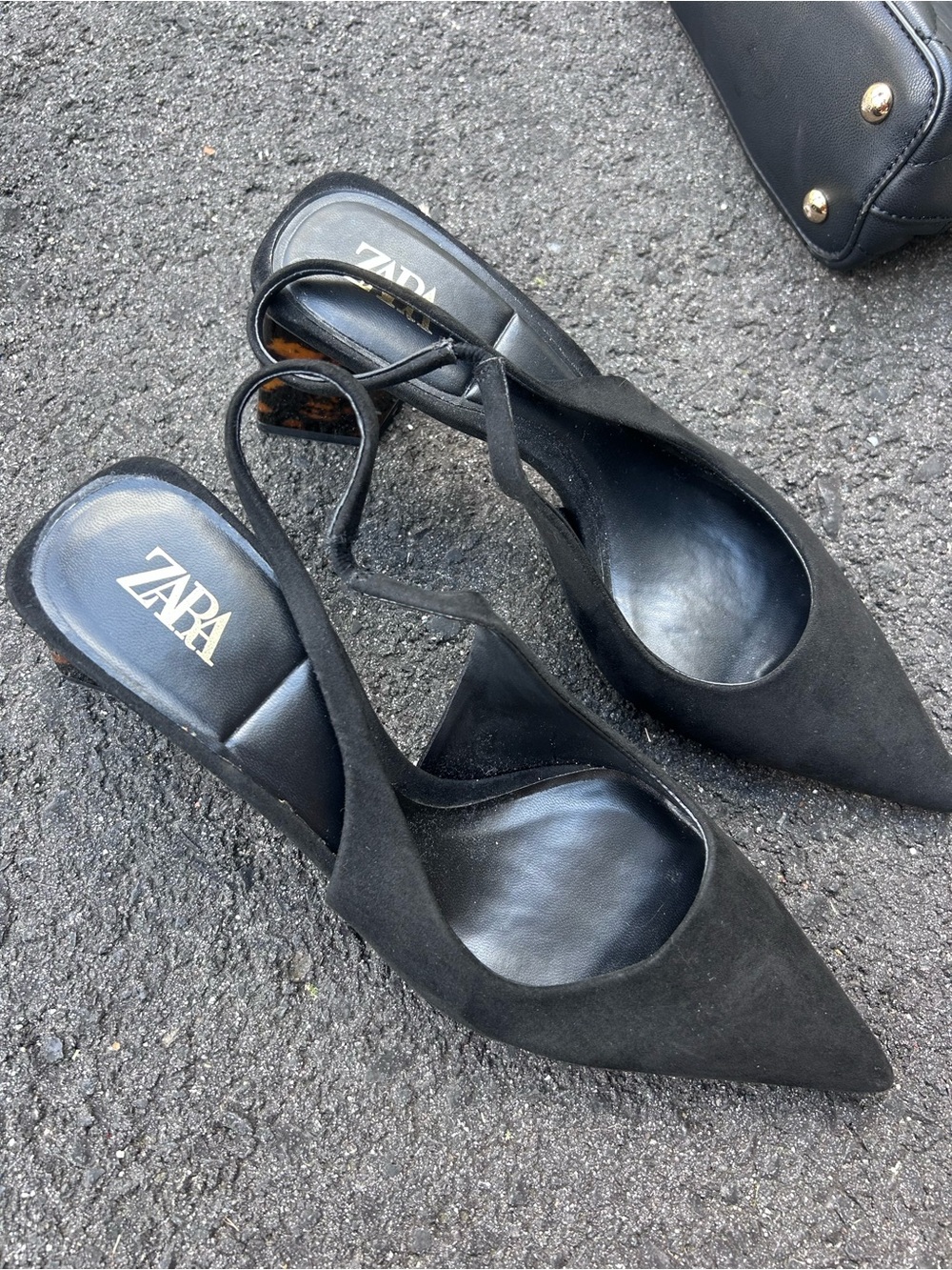 ZARA Black Pointed Slingback Heels with Ankle Strap